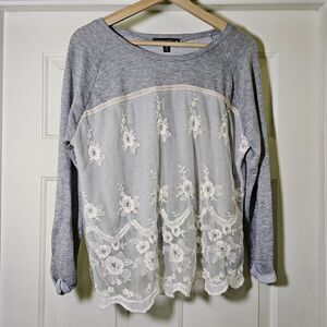 Living Doll Top Juniors Grey French Terry White Lace Overlay Romantic Medium